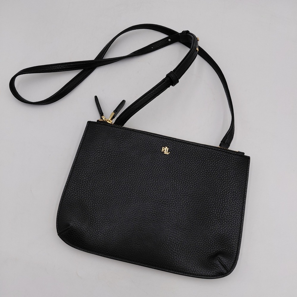 Ralph Lauren Carter Black Pebbled Faux Leather Crossbody Bag Gold Hardware Sleek